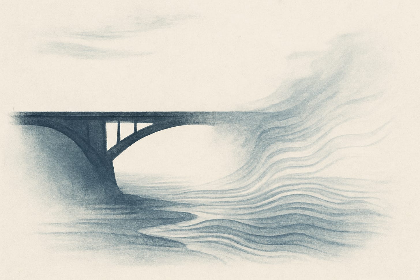 A minimalist abstract illustration of a bridge transitioning from a solid structure into flowing waves and mist, with soft brushstrokes and a muted blue palette suggesting motion and uncertainty.