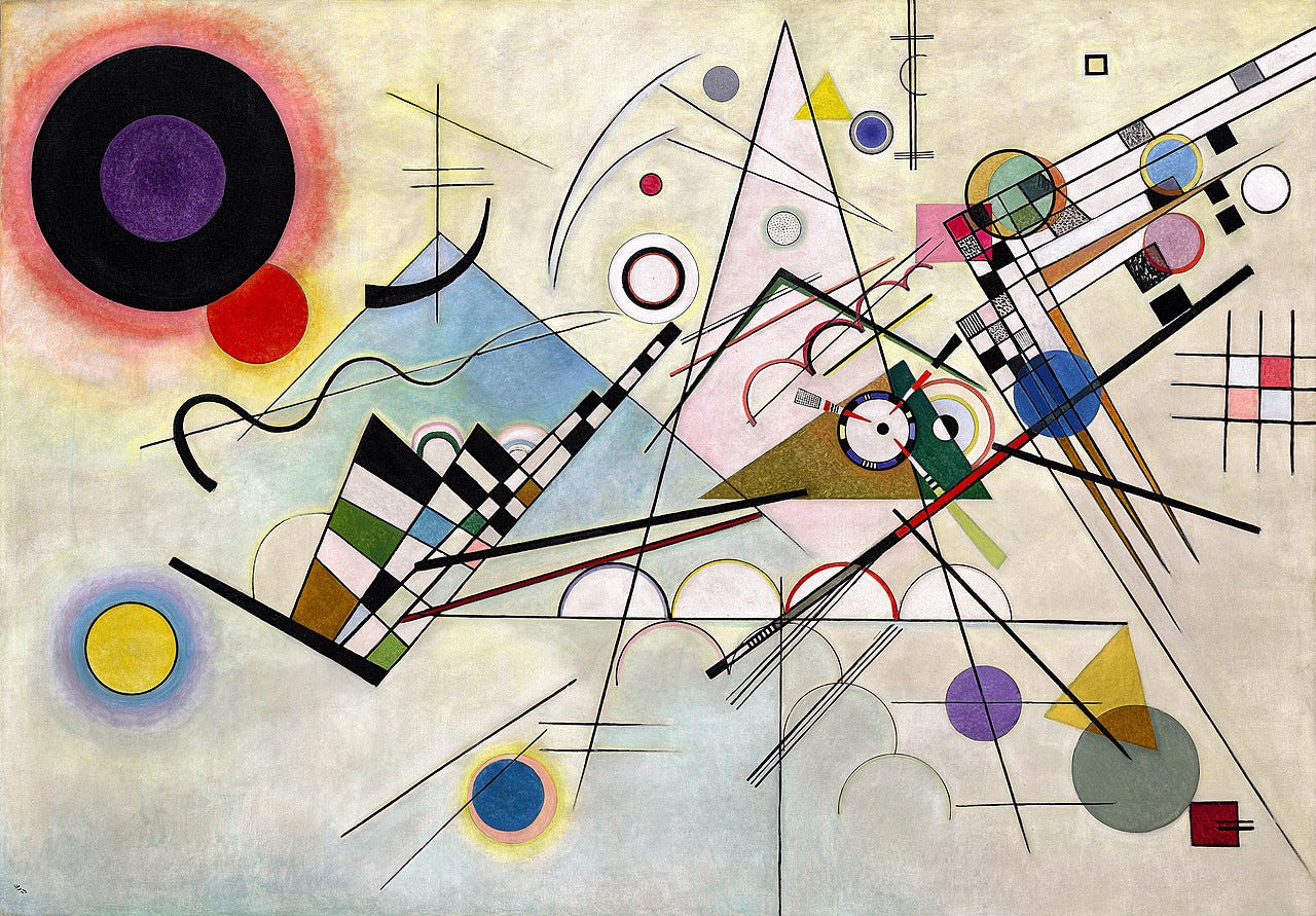 Vasily Kandinsky, Composition 8, July 1923. Oil on canvas, 55 1/4 x 79 inches (140.3 x 200.7 cm) Vasily Kandinsky, Composition 8, July 1923. Oil on canvas, 55 1/4 x 79 inches (140.3 x 200.7 cm)