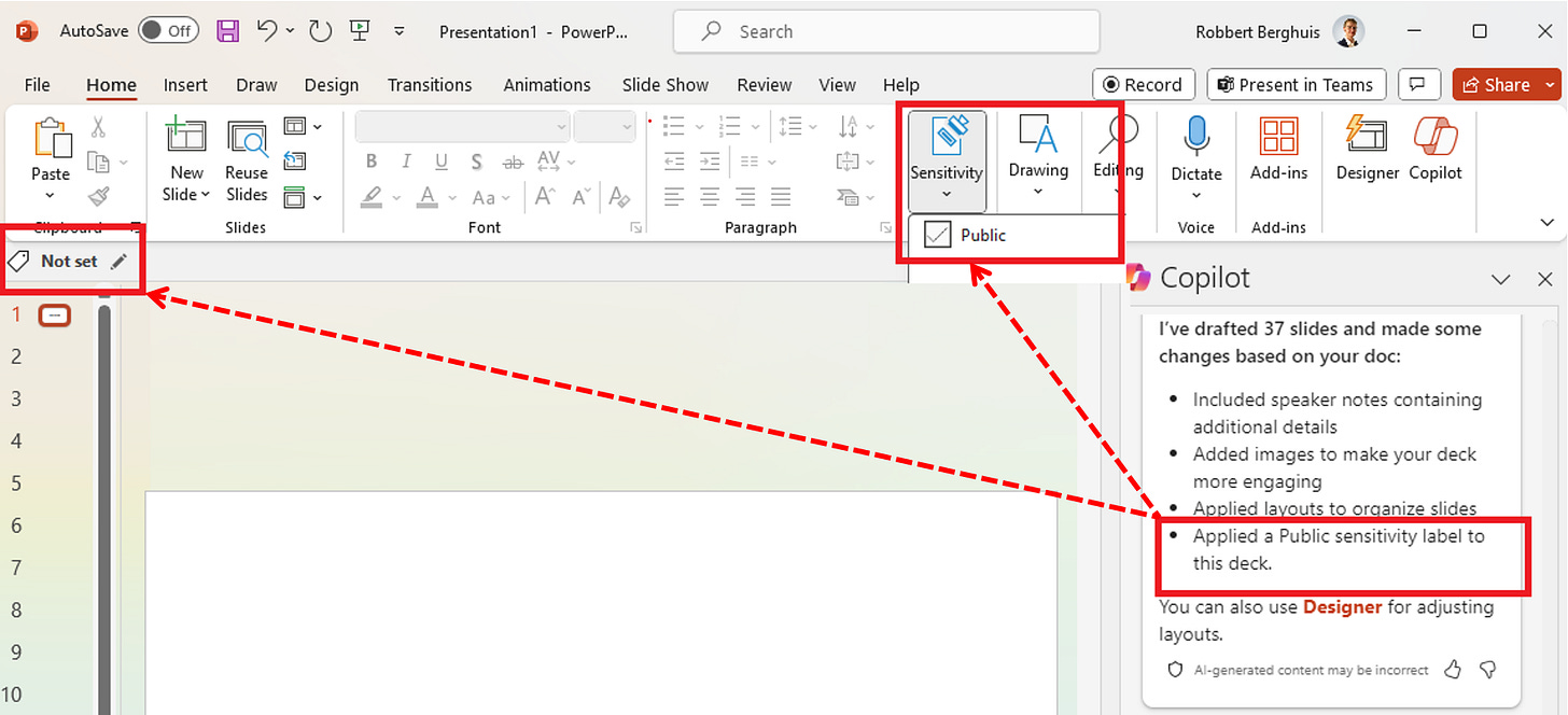 An image showing the label inheritance 'flaw' in PowerPoint when using the Microsoft Unified Labeling add-in - © Robbert Berghuis An image showing the label inheritance 'flaw' in PowerPoint when using the Microsoft Unified Labeling add-in - © Robbert Berghuis
