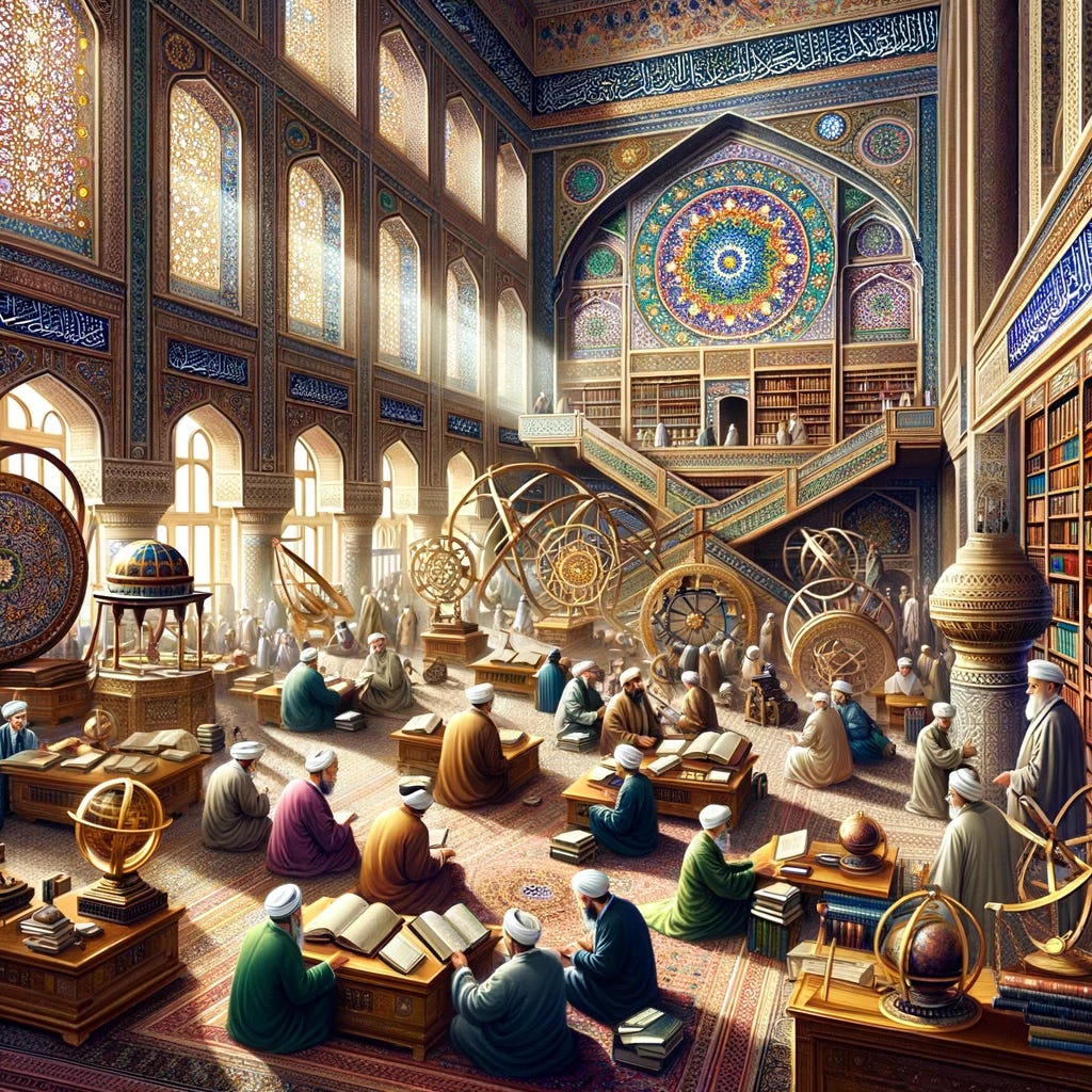 Illustrate the intellectual basis of Islam and Muslim civilization, focusing on the Golden Age of Islamic culture. The image should depict a vibrant scene inside a grand library of the ancient Muslim world, filled with scholars, scientists, and philosophers engaged in study, teaching, and discussion. Include richly decorated interiors with Islamic geometric patterns, shelves stacked with manuscripts, and instruments like astrolabes and globes that symbolize the contributions of Muslim civilization to astronomy, mathematics, and science. The atmosphere should convey a sense of curiosity, innovation, and respect for knowledge, highlighting the intellectual achievements and cultural richness of the era.