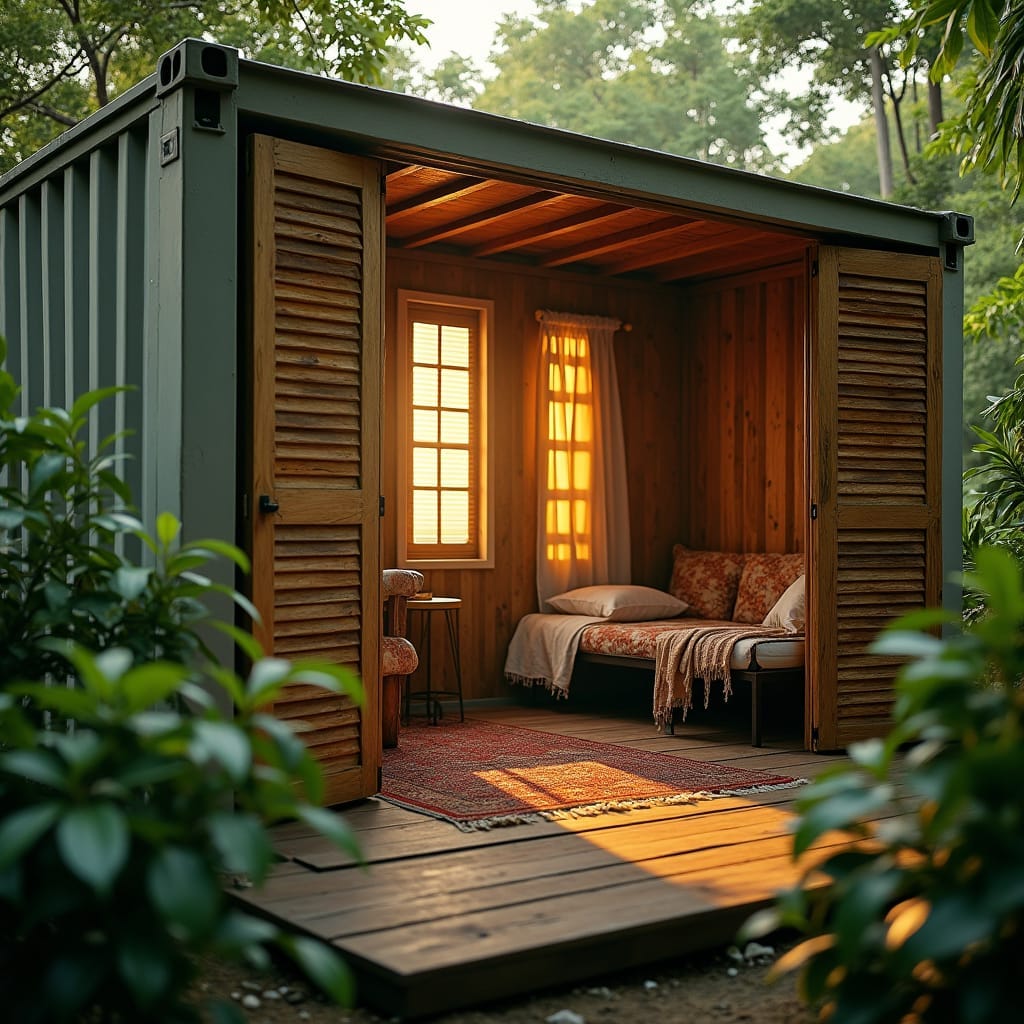 ozy one-bedroom container home nestled in a lush Jamaican landscape, surrounded by vibrant tropical foliage, warm golden light casting a serene ambiance