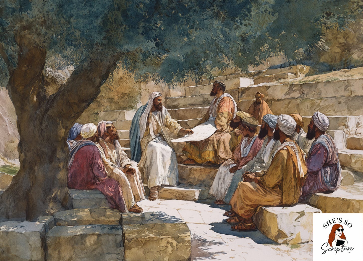 Illustration of a first century Jewish Rabbi teaching Torah to disciples outdoors, emphasizing Jesus’s role as an interpreter of Scripture within Jewish tradition.