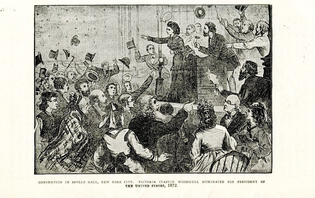 Convention in Apollo Hall, New York City, Victoria Claflin Woodhull Nominated for the President of the United States, 1872. Reprinted in One Moral Standard for All: Extracts from the lives of Victoria Clafin Woodhull and Tennessee Clafin. Museum of the City of New York.