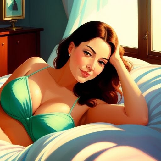 Sunny suburban image of a woman waking up in bed. Brown hair. Green bra. Cheeky smile.