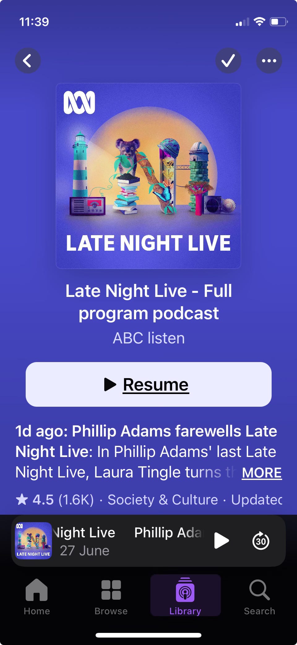Screen grab of podcast app and final episode of late night live