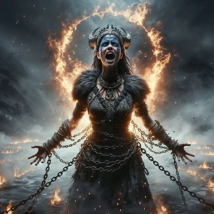 This may contain: a woman with chains around her body and face in the middle of a fire filled sky