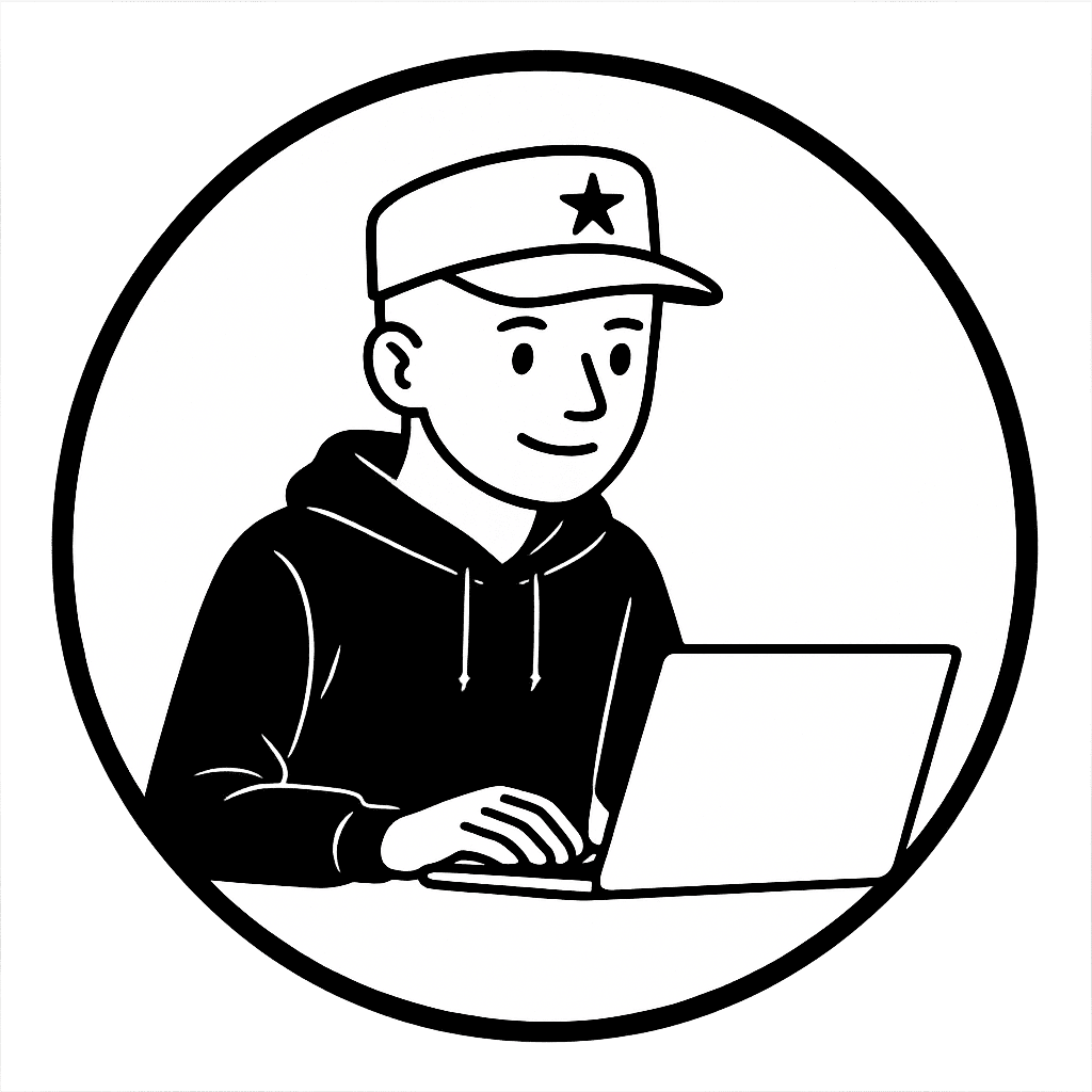 Illustration of a writer in a hoodie and cap working at a laptop, depicted in simple black and white line art style. Minimalist portrait of a content creator.