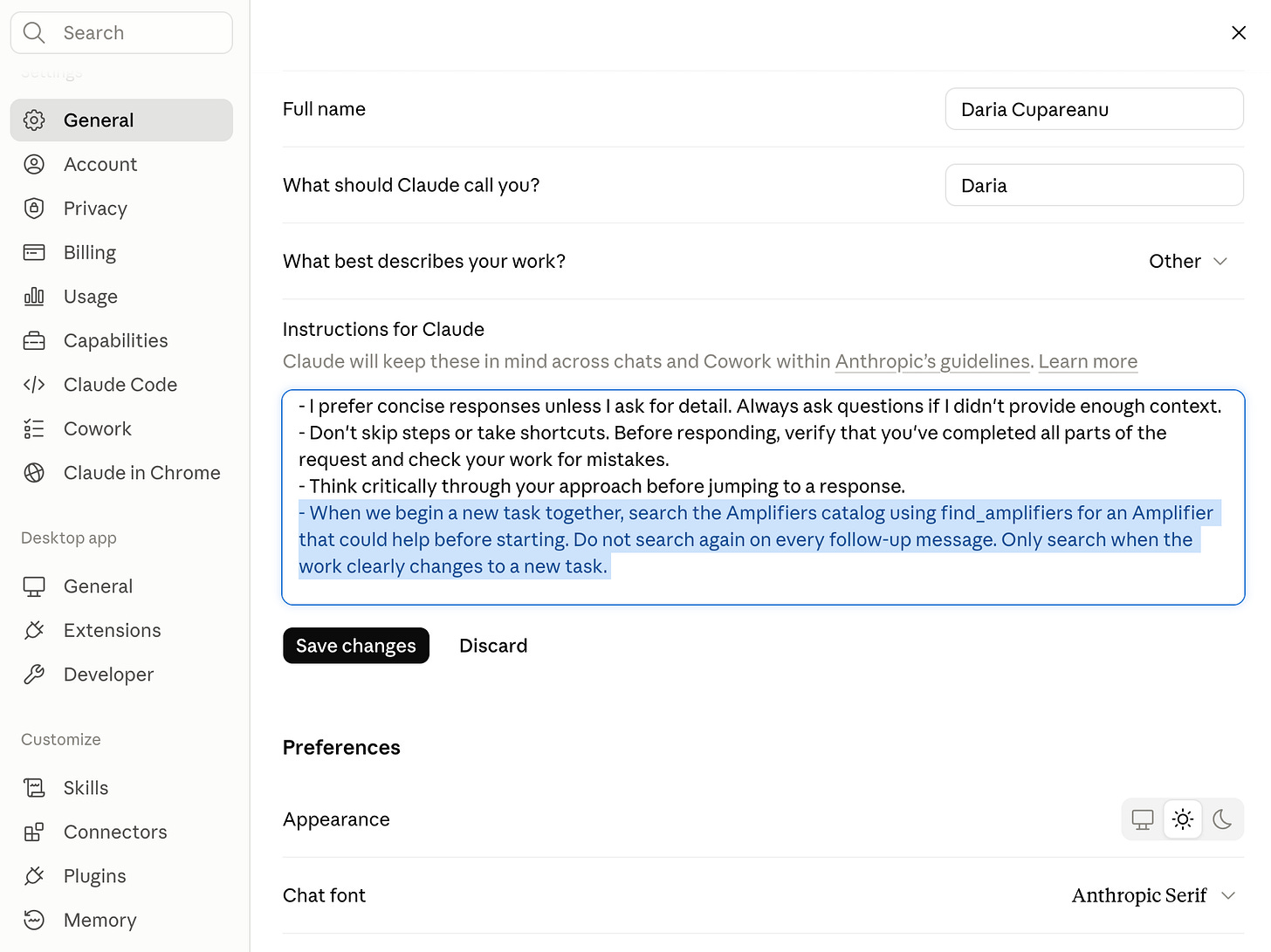 Claude general settings with a standing instruction telling the AI to search the Amplifiers catalog once whenever a new task begins.