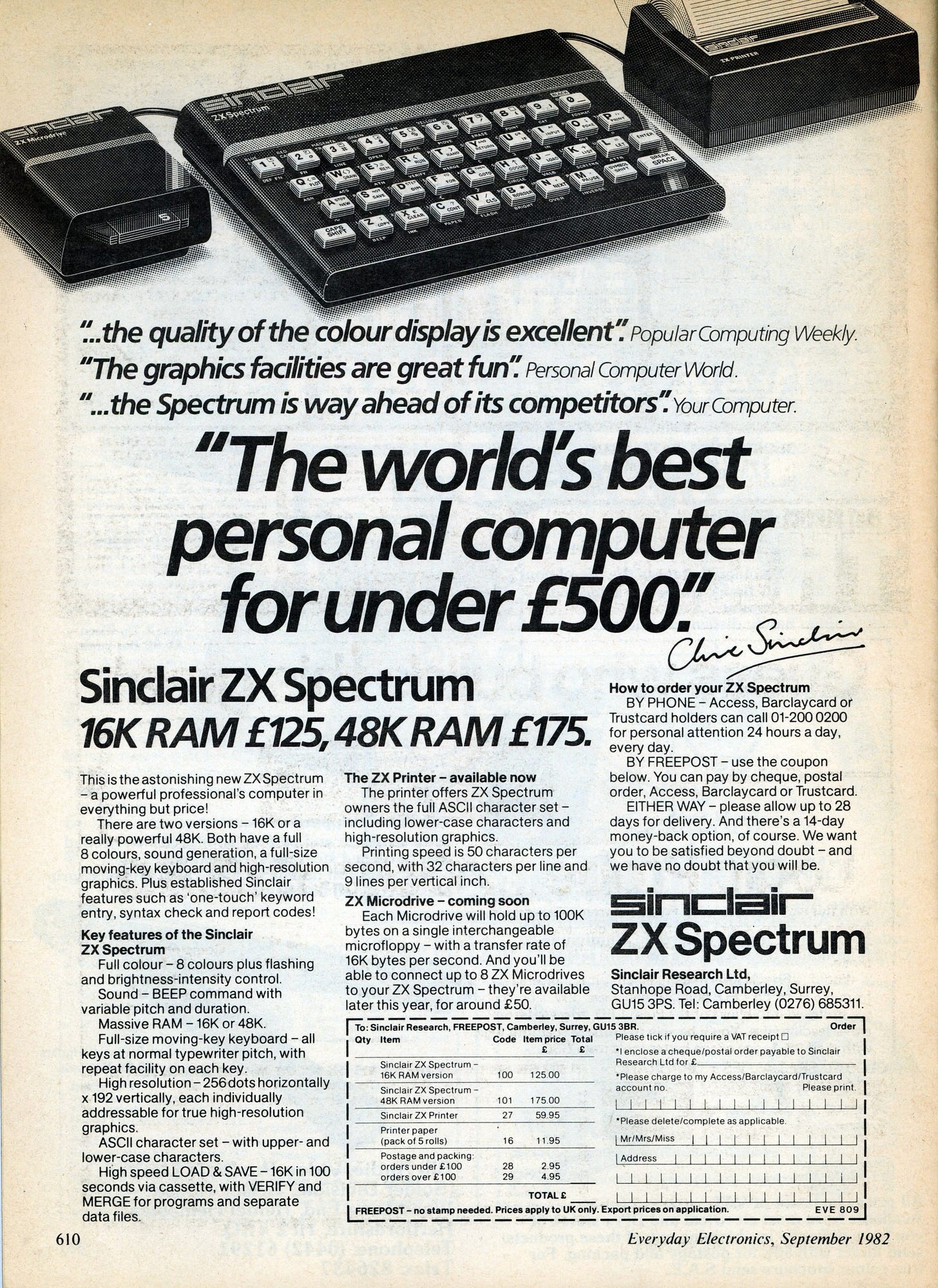 An advert for the Sinclair ZX Spectrum from the September 1982 issue of Everyday Electronics. It proclaimed the machine was the world's best personal computer for under £500. 