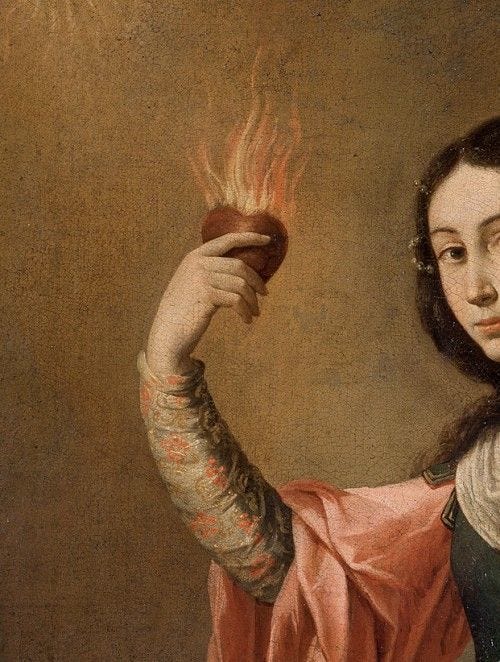 This may contain: a painting of a woman holding a lit candle in her right hand