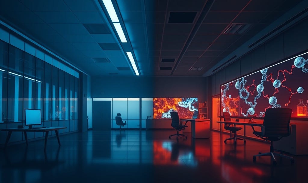 A blue-lit office transitions into a warm-lit research space with molecular displays