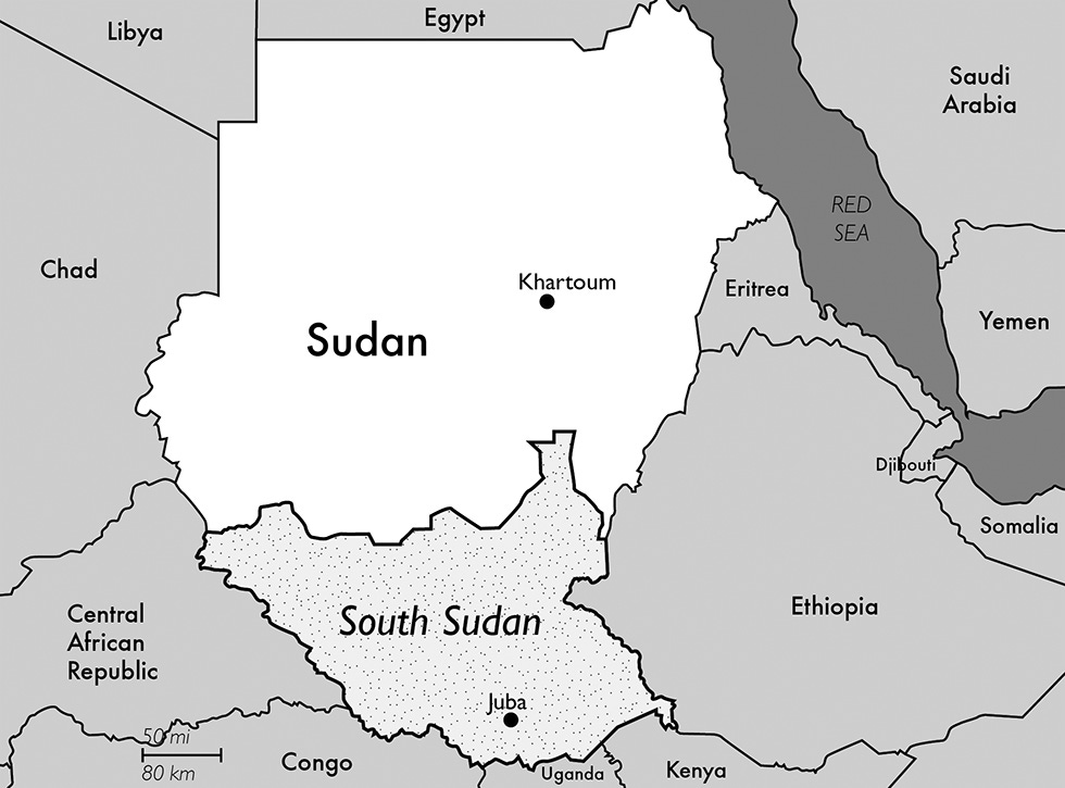 This map shows Sudan within the context of Northeastern Africa, including its neighbours Eritrea, Egypt to the North, Chad to the West, and Ethiopia to the East.  Sudan is highlighted on the map and has a dot marking the location of its capital Khartoum. South Sudan is rendered in greyscale for contrast, clearly marking its boundaries, and with a dot marking the location of its capital Juba.