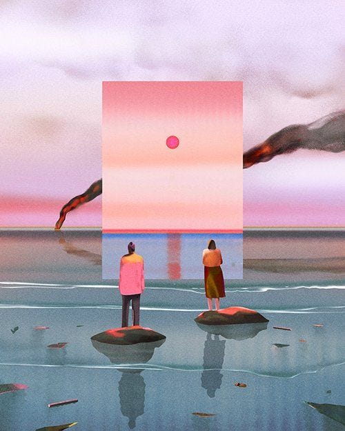 This may contain: two people are standing on rocks in the water looking at an orange and pink sky