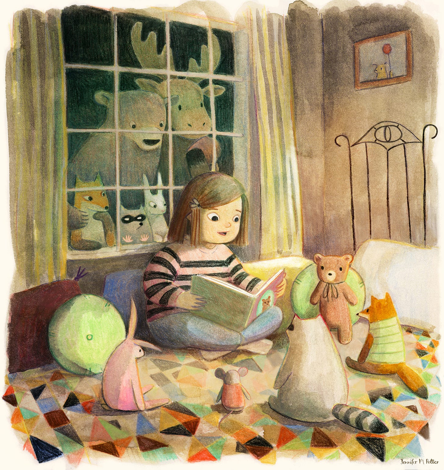 Illustration by Jennifer M Potter of a girl reading to her stuffed animals while real animals listen through the window.