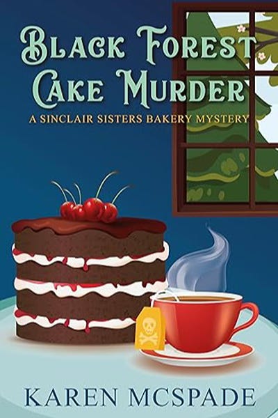 Image of a cartoony black forest chocolate/cherry cake with a steaming cup of tea on a blue background with a window looking outside to a forest Image of a cartoony black forest chocolate/cherry cake with a steaming cup of tea on a blue background with a window looking outside to a forest