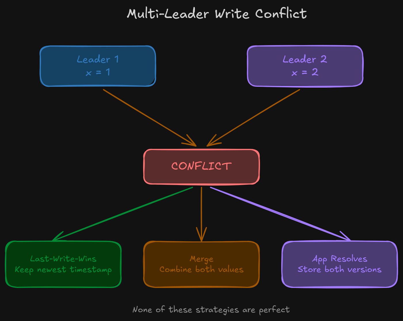When two leaders accept writes to the same key concurrently, replication discovers a conflict. None of the resolution strategies (last-write-wins, merge, application-level) solve the problem cleanly. This is the central reason multi-leader replication is uncommon in practice.
