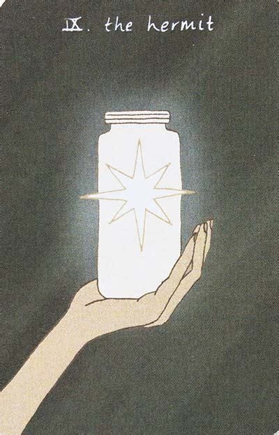 A minimalist tarot card with a dark great background, A simple drawing of a hand holding a jar containing a bright star. Roman numerals 9 and The Hermit head the image