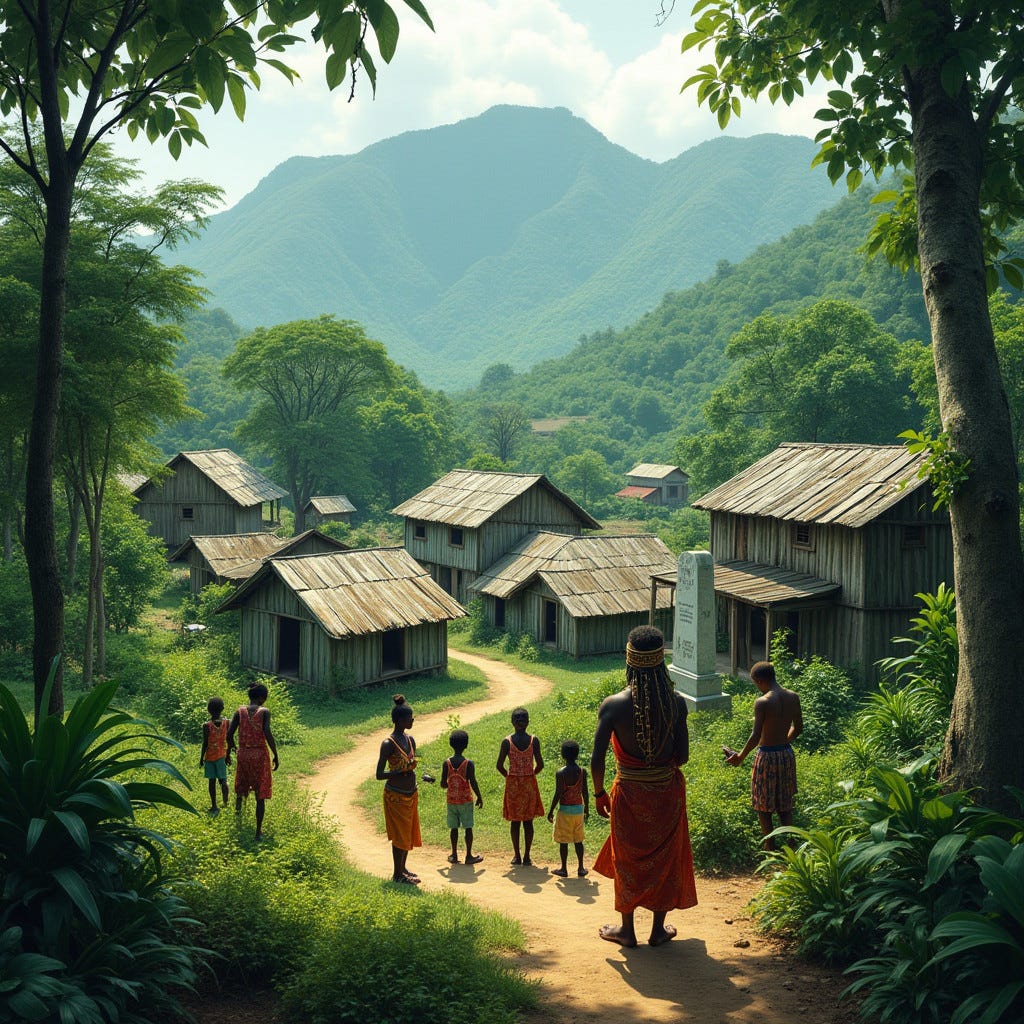 A serene hillside village in Portland, Jamaica, surrounded by dense tropical rainforest with vibrant green foliage, as if painted by the bold brushstrokes of Ivan Aivazovsky, with the vivid colors of Henri Rousseau's jungle scenes. Traditional wooden homes with thatched or tin roofs, reminiscent of Gauguin's Tahitian huts, nestle within the landscape, connected by winding dirt paths that evoke the sense of community found in the works of African-American artist, Jacob Lawrence. In the background, misty mountains rise majestically, their rugged beauty captured in the style of Albert Bierstadt's landscapes. A group of Maroons, dressed in traditional garments with cultural patterns inspired by the textiles of Yinka Shonibare, stands in unity, representing their heritage with strength and resilience. In the foreground, an elder, adorned with African-inspired jewelry, tells stories to children, surrounded by lush greenery, evoking the sense of community and storytelling found in the works of Romare Bearden. A monument or plaque commemorating the 1739 peace treaty between Cudjoe and the British stands proudly, symbolizing freedom and strength. Soft sunlight filters through the trees, casting dappled shadows, as if shot on 35mm film with a cinematic lens, complete with film grain, vignette, and subtle color grading, capturing the essence of a bygone era, with the atmospheric lighting of a Terrence Malick film.