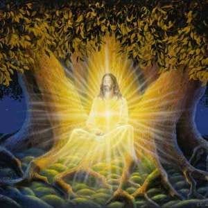 This may contain: a painting of jesus sitting in the middle of a tree with his arms spread wide open