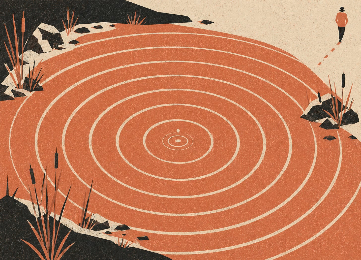 Top-down mid-century illustration of a terracotta pond, where wide bone-colored ripples radiate toward a rocky, reed-lined shore. A small figure walks away at the upper right without looking back. Top-down mid-century illustration of a terracotta pond, where wide bone-colored ripples radiate toward a rocky, reed-lined shore. A small figure walks away at the upper right without looking back.