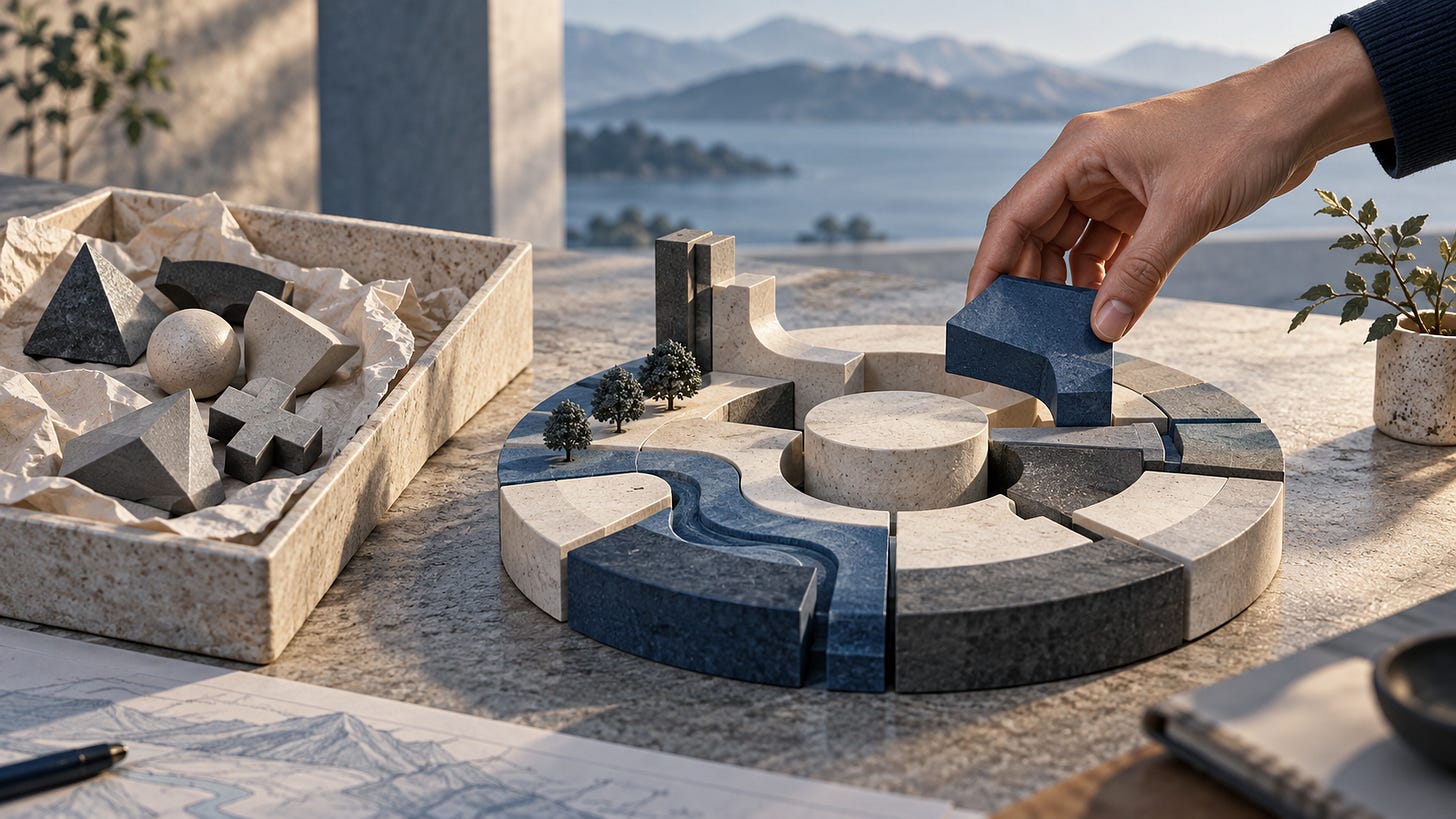 A hand places a dark blue block into a circular tabletop model beside a tray of shapes, with a lake and mountains beyond.
