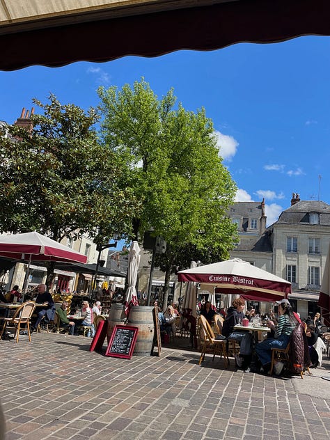 Chicken dish. People toasting. A table with a view
