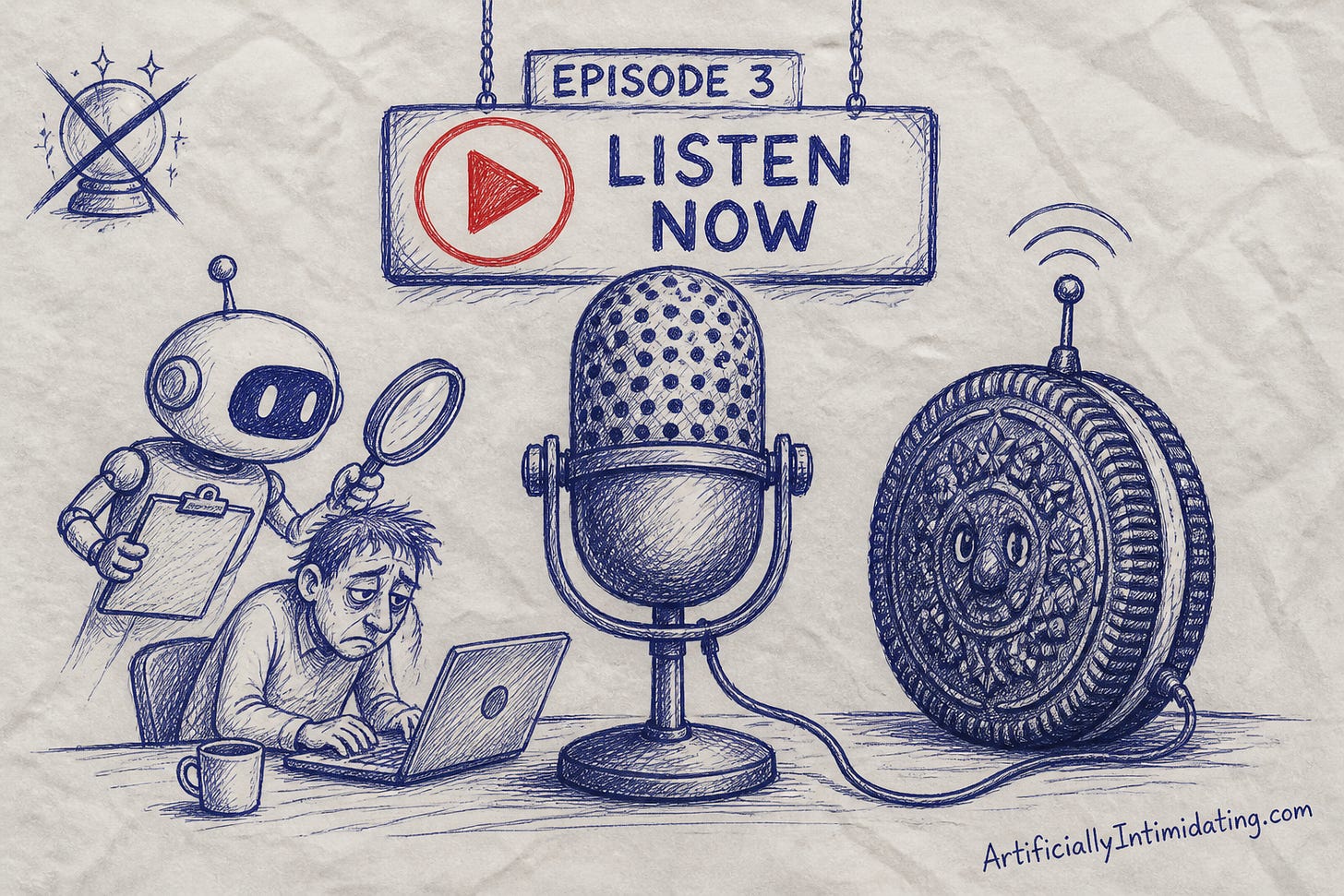 A studio microphone under a sign reading Episode 3, Listen Now, with a small bot watching a tired office worker through a magnifying glass and a tracker-antenna cookie on the right. A studio microphone under a sign reading Episode 3, Listen Now, with a small bot watching a tired office worker through a magnifying glass and a tracker-antenna cookie on the right.