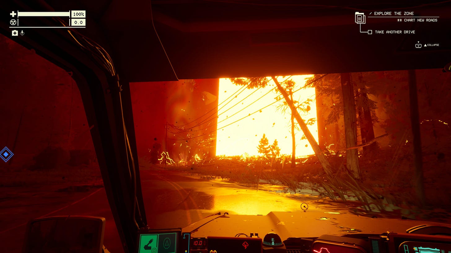 A bright pillar of light in the distance, viewed from inside a car
