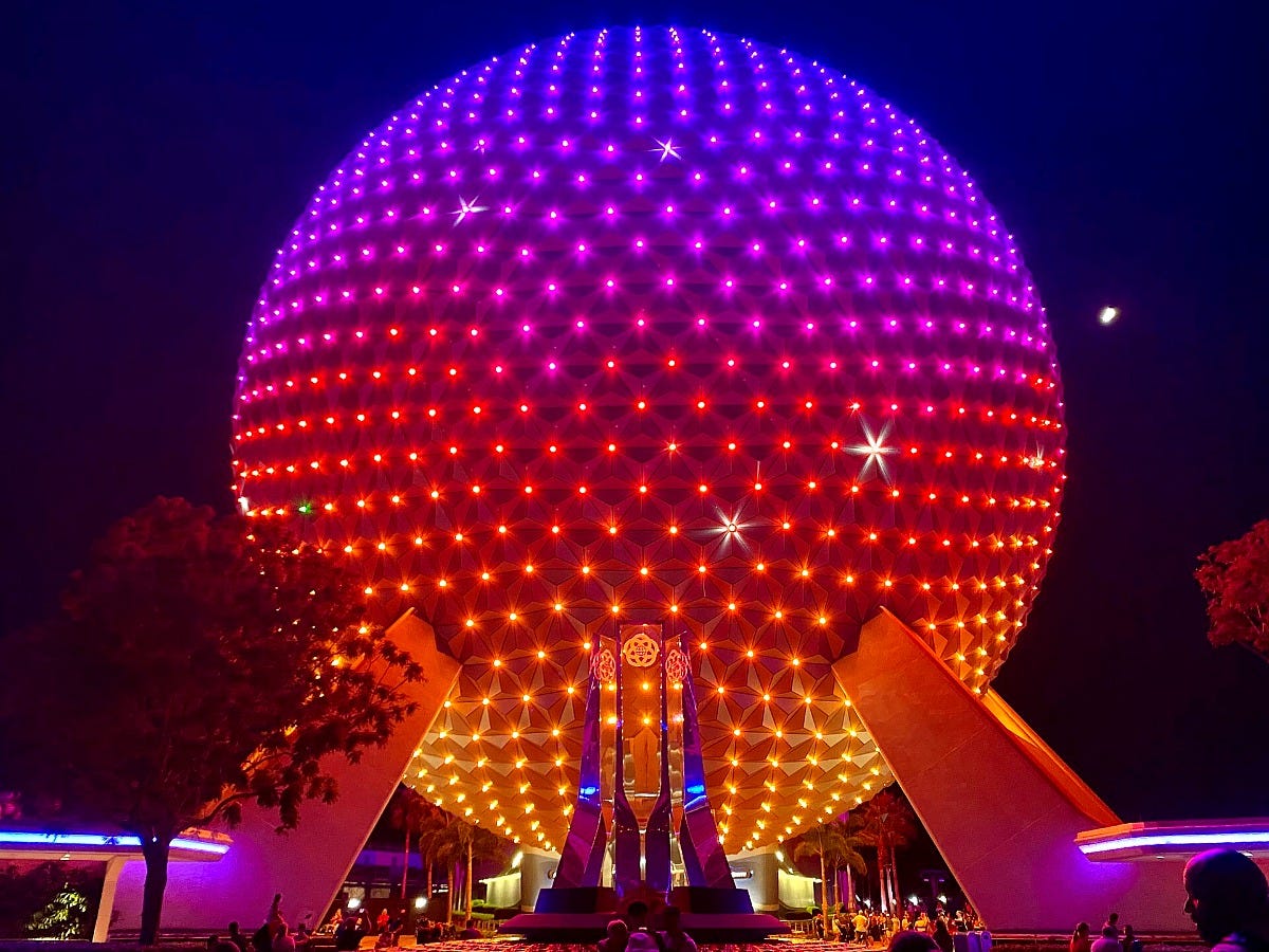 Spaceship Earth lit up at night at EPCOT. Image: Jedi94 via Wikimedia Commons Spaceship Earth lit up at night at EPCOT. Image: Jedi94 via Wikimedia Commons