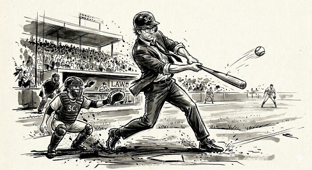 Advogado de terno batendo em uma bola de baseball em um estádio lotado. No capacete, a inscrição "3Cs". Ao fundo, uma placa com a palavra "LAW".