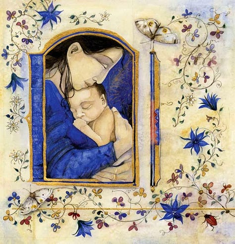 A collection of images of Mary at the manger: 1. Albin Egger-Lienz; 2. Sandra Bierman;