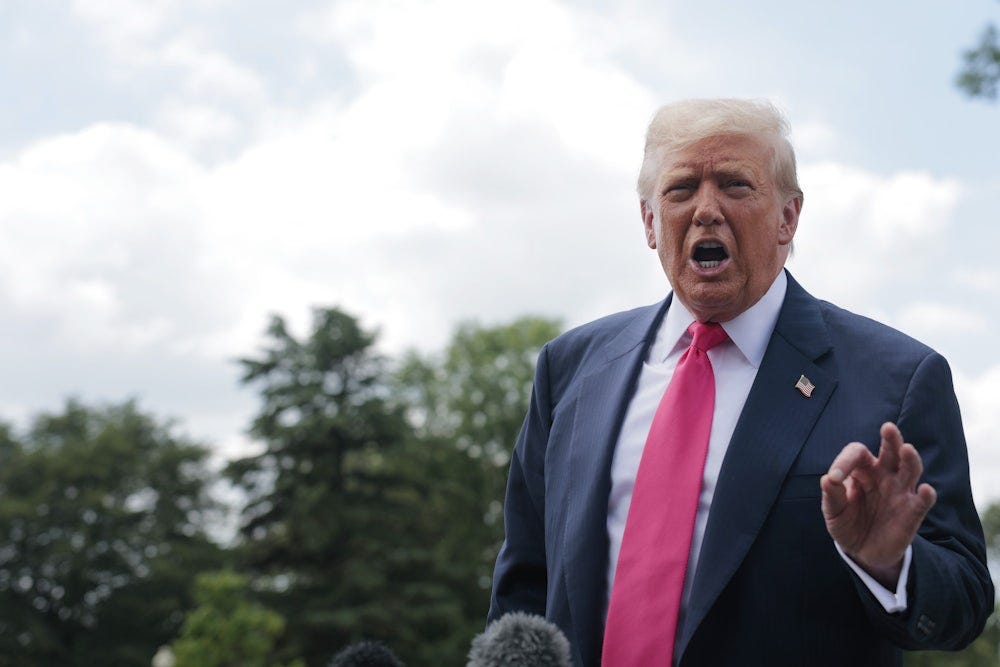 Donald Trump yells on the White House lawn.