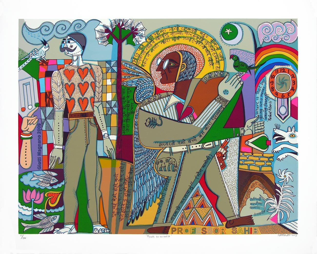 Jyoti Bhatt's Myself As An Artist. A tall mustached man in a heart-print sweater stands beside a haloed, winged figure in round glasses holding a parrot, with the words PROFESSOR SAHIB along the bottom, surrounded by a rainbow, a clock, a lotus, fish and lines of handwritten text.