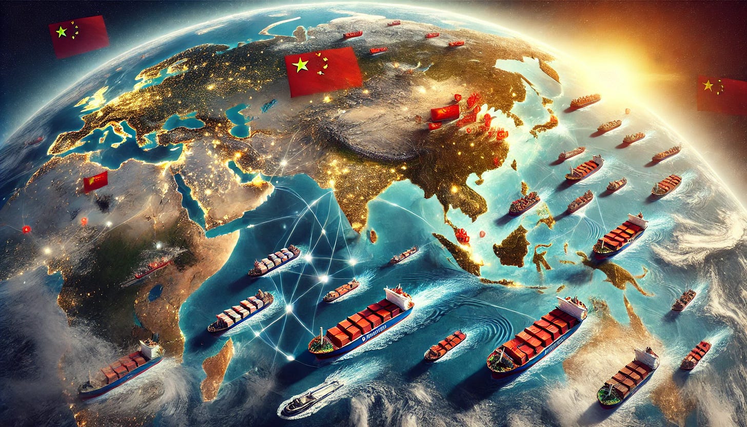 A wide aspect ratio, real-life-like top-down view of the global map, showing ships bearing the Chinese flag moving around the coasts of major nations. The scene features a detailed map with clearly marked continents and countries. Numerous ships, adorned with the vibrant red and yellow colors of the Chinese flag, are seen navigating the oceans and seas, approaching the coasts of major nations. The image captures the global reach and presence of Chinese maritime activity, highlighting the strategic routes and bustling maritime traffic. The overall atmosphere is dynamic, showcasing the extensive network of Chinese shipping across the world.