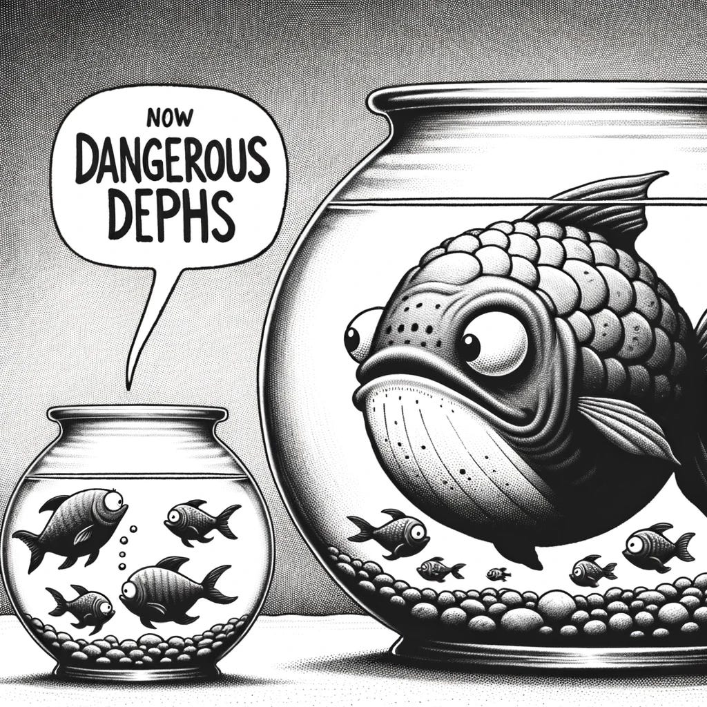 Illustration of a comical fish in a monochrome setting, boasting about the 'dangerous depths' of its shallow fishbowl to other fish.