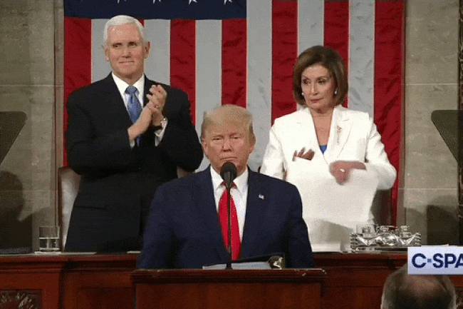 Gif image of Nancy Pelosi ripping her copy of Donald Trump's state of the union speech in half, February 2020. Gif image of Nancy Pelosi ripping her copy of Donald Trump's state of the union speech in half, February 2020.