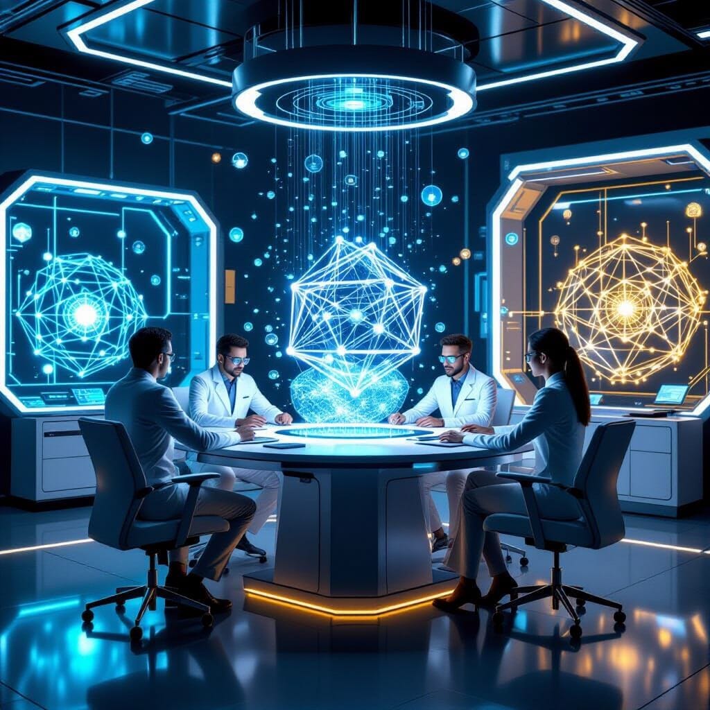"Epic wide-angle view of a futuristic quantum computing laboratory with three distinct workstations representing IBM Qis...