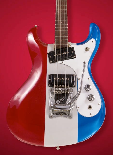 Patriotic guitar in red, white, and blue with flag motif, 1965 Mosrite Ventures model.