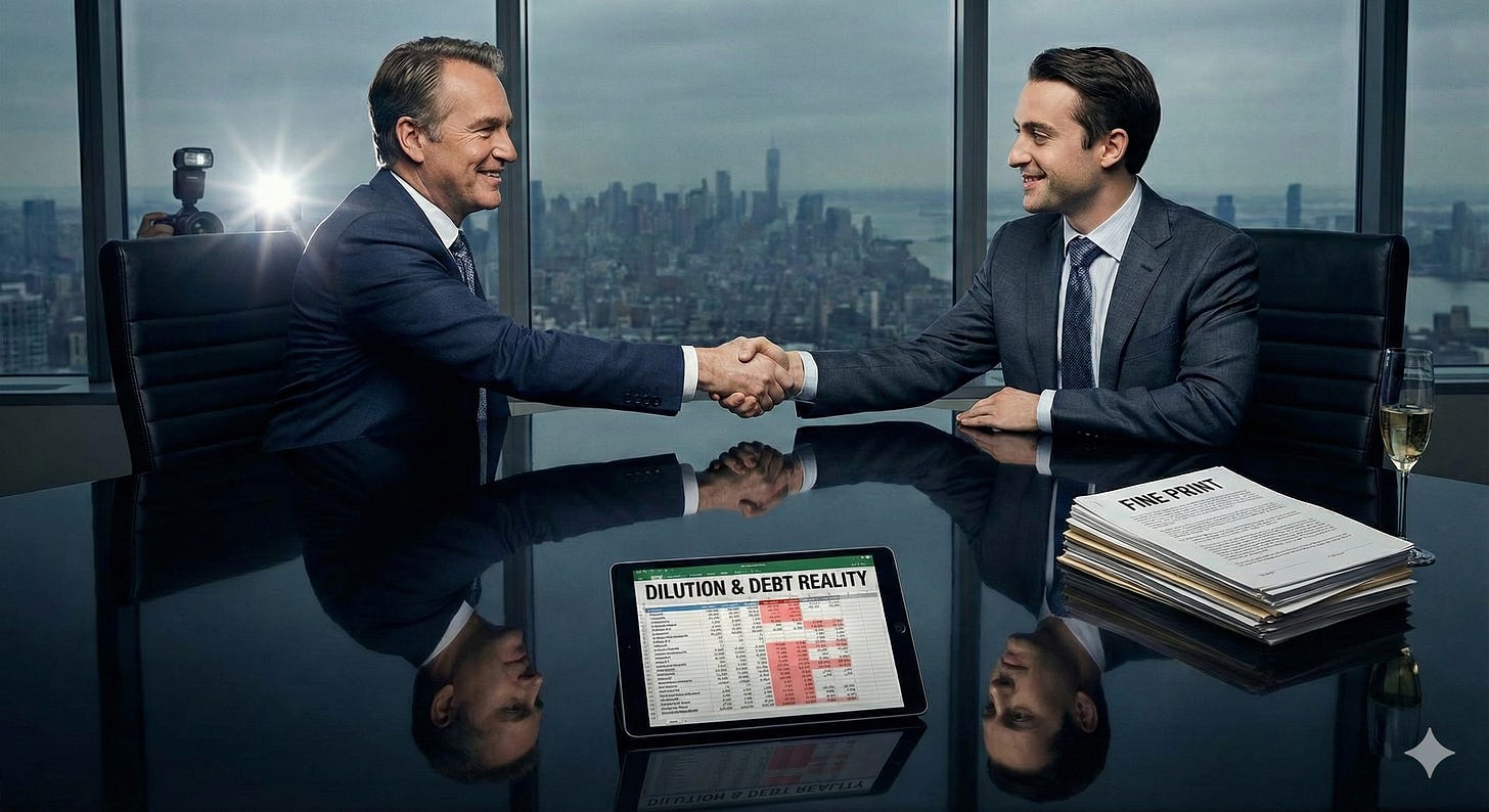 Business executives shaking hands after M&A deal with tablet showing dilution and debt analysis on conference table.