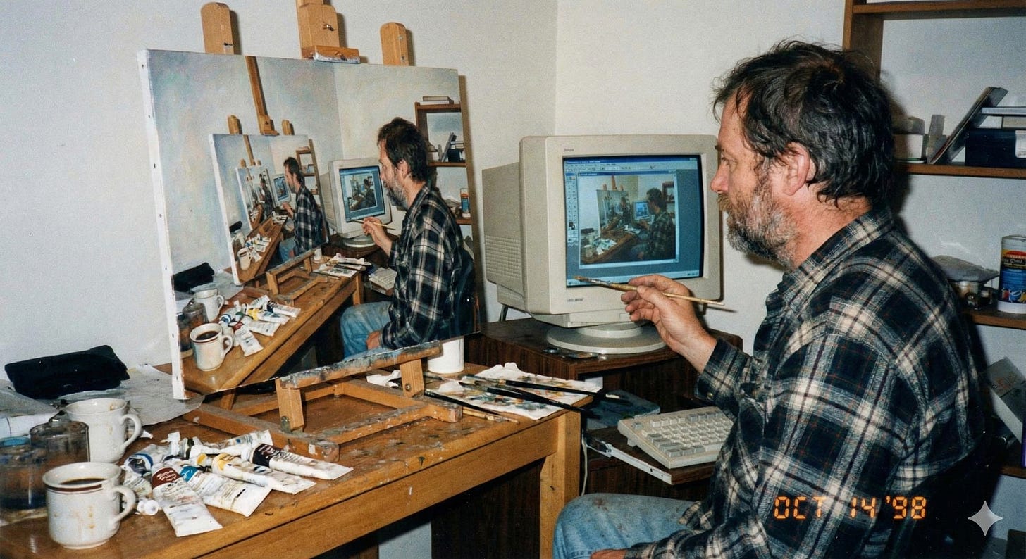 r/ChatGPT - Nano Banana (Gemini 3) prompt gone infinite: 1998 artist painting the exact photo he's looking at... brain.exe stopped r/ChatGPT - Nano Banana (Gemini 3) prompt gone infinite: 1998 artist painting the exact photo he's looking at... brain.exe stopped