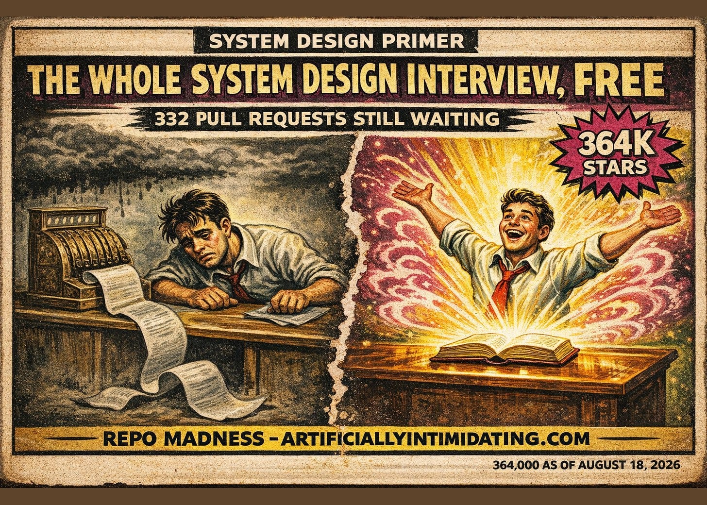A painted 1930s-style poster split by a torn paper edge. Left: a worker head in hand at a brass cash register, a long blank receipt unrolling to the floor under a rain cloud. Right: the same man with arms flung wide over a glowing open book. Nameplate reads SYSTEM DESIGN PRIMER.