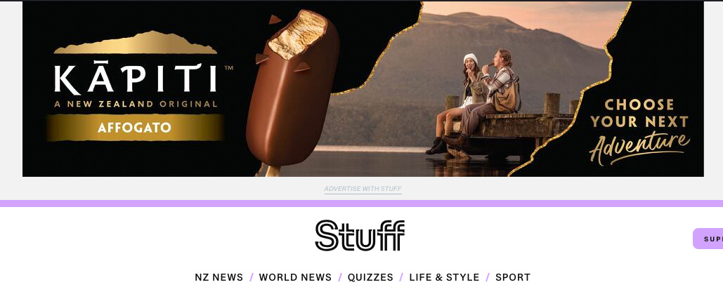 An advert for Kāpiti Affogato flavoured ice cream screenshotted from the Stuff website.