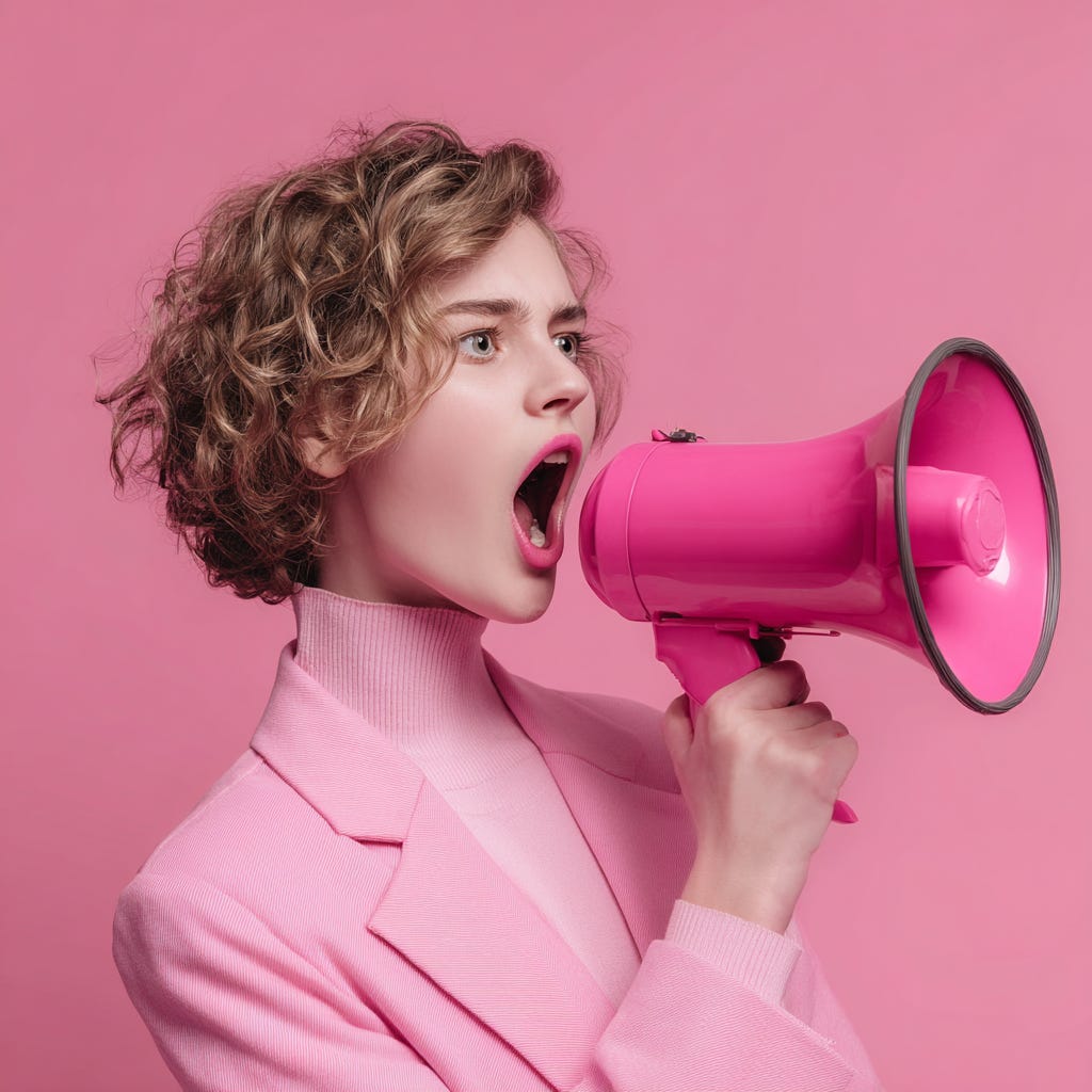 article key visual with a young woman, screaming into a pink megaphone. Key colors "e11a72. Studio shot, hyper-realistic, photo realistic, canon D118 shot,, flat palepink background, article key visual with a young woman, screaming into a pink megaphone. Key colors "e11a72. Studio shot, hyper-realistic, photo realistic, canon D118 shot,, flat palepink background,
