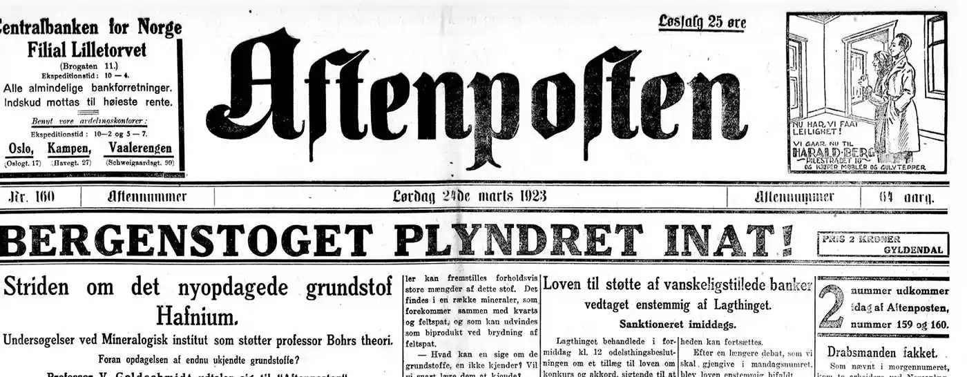 Aftenposten from 1923, with the headline “The Bergen Train Was Robbed Last Night!” 