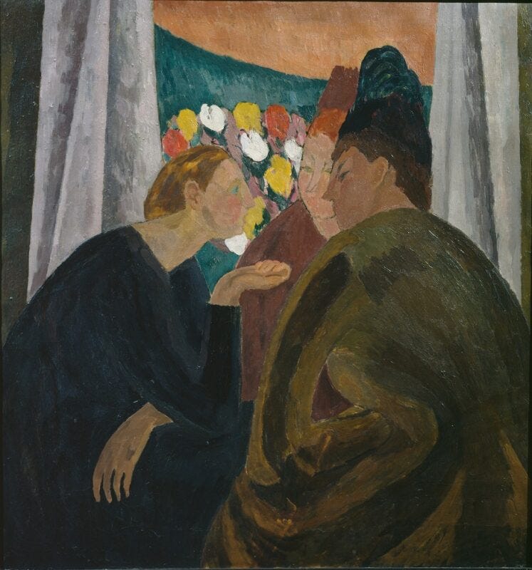 A painting of three women in conversation. The woman on the left leans into the other two in earnest discussion. They sit in front of an open window with a bouquet of flowers visible.