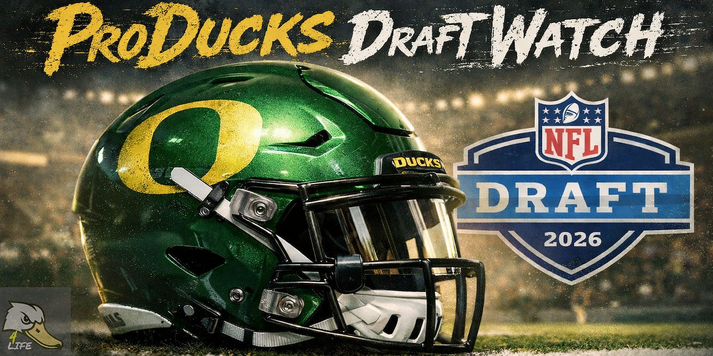 Oregon Ducks football helmet in green with yellow “O” logo, facing 2026 NFL Draft logo, with ProDucks Draft Watch headline and Ducks4.Life URL, promoting 2026 NFL Draft prospects, Oregon players' Combine results, Draft stock analysis, and team fits. Seats, fan gear, and premium Oregon Football content at www.Ducks4.Life