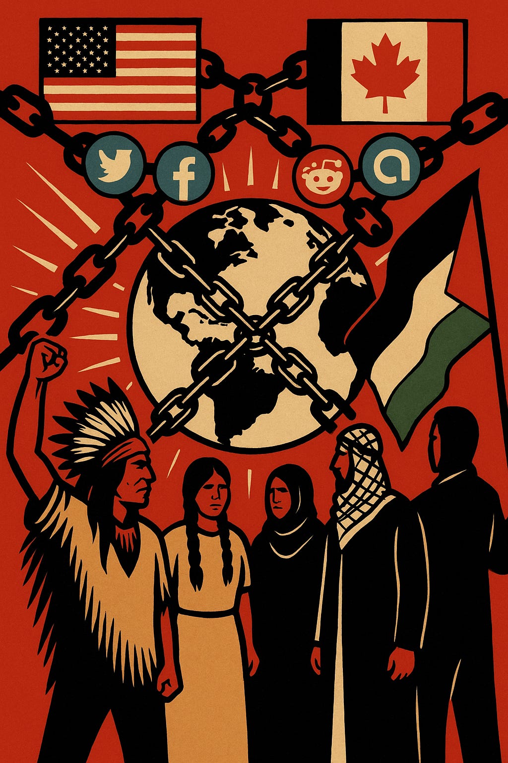 Symbolic illustration of colonial media manipulation and Indigenous solidarity Symbolic illustration of colonial media manipulation and Indigenous solidarity