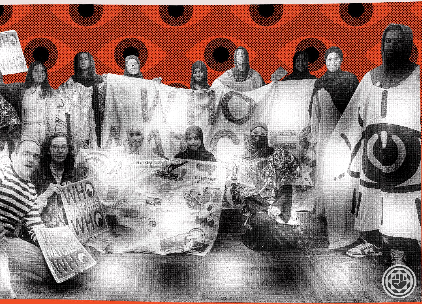 Group of young people holding banners that read "Who Watches Who," and costumes with eyeballs. A pattern of eyeballs appears in the back.