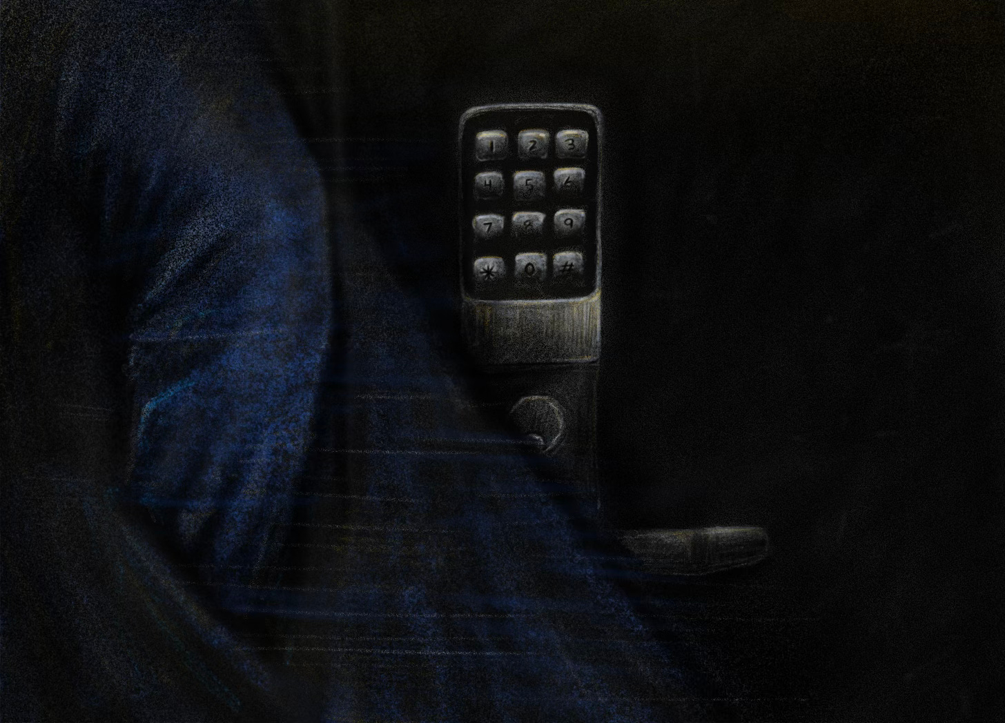 illustration of a person walking by the entryway showing a pin code and door handle