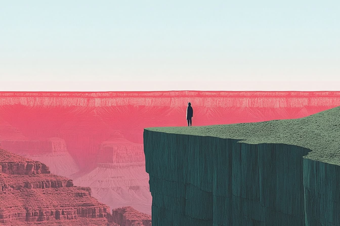 Silhouette of a person standing at the edge of a canyon